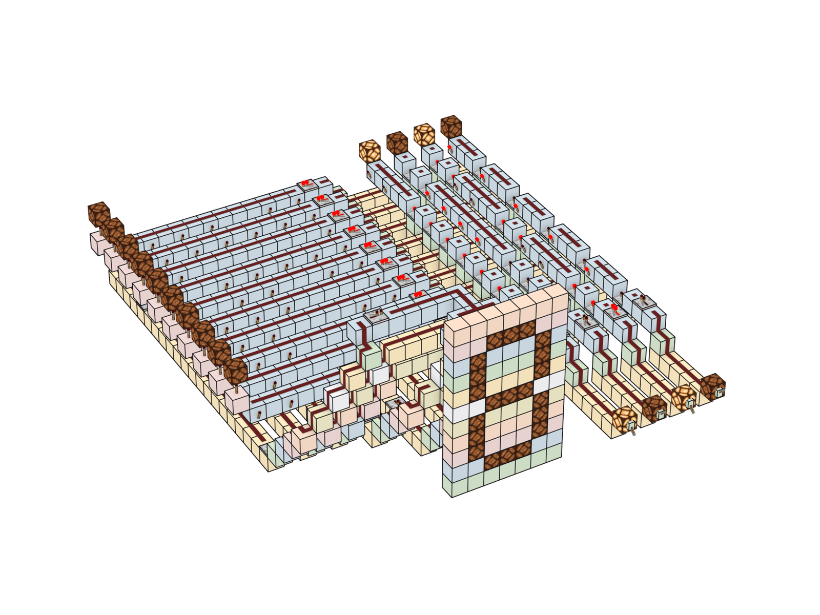 Render of Redstone University's complete digital display build: sepia ink linework, pastel height tints, and red powered redstone wires on warm parchment