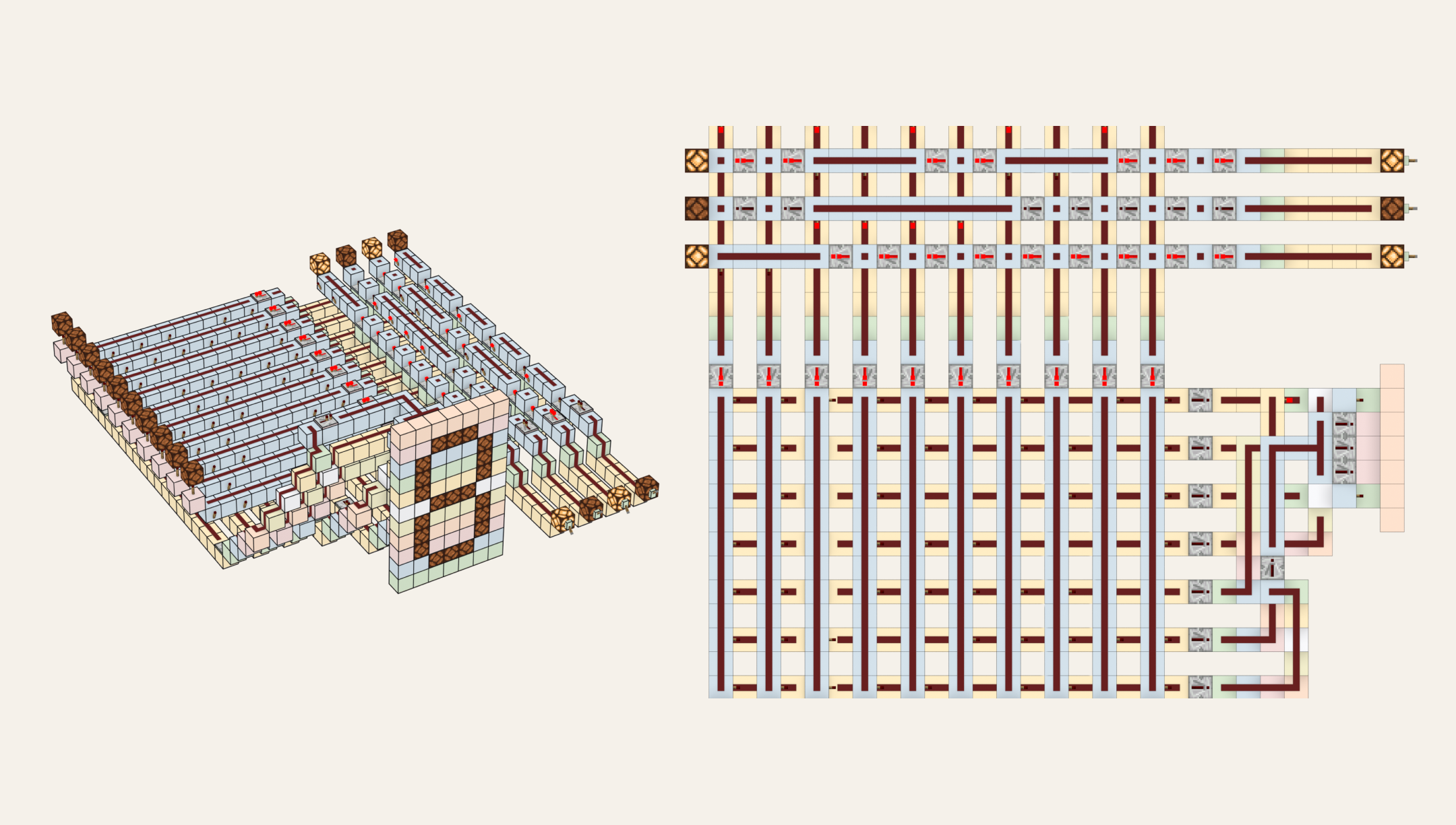 The complete digital display build rendered from two angles: near-isometric and straight-down aerial