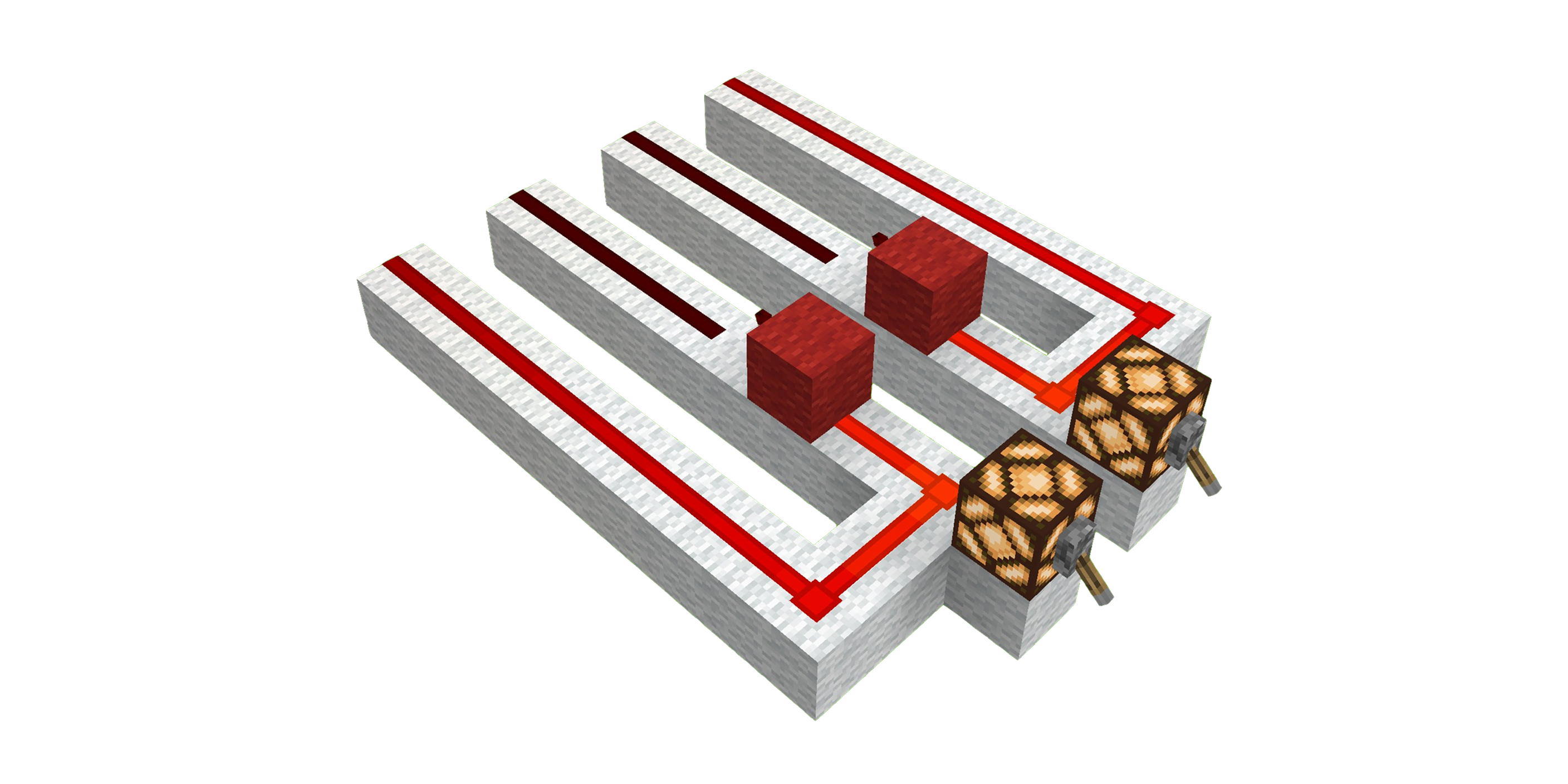 A manual-era figure of a 2-to-4 decoder: an in-game Minecraft screenshot with the background removed by hand, wool-textured blocks reading as noise and halo fringing around the lamps