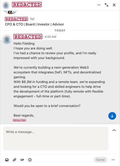 LinkedIn DM from the recruiter pitch (name redacted)
